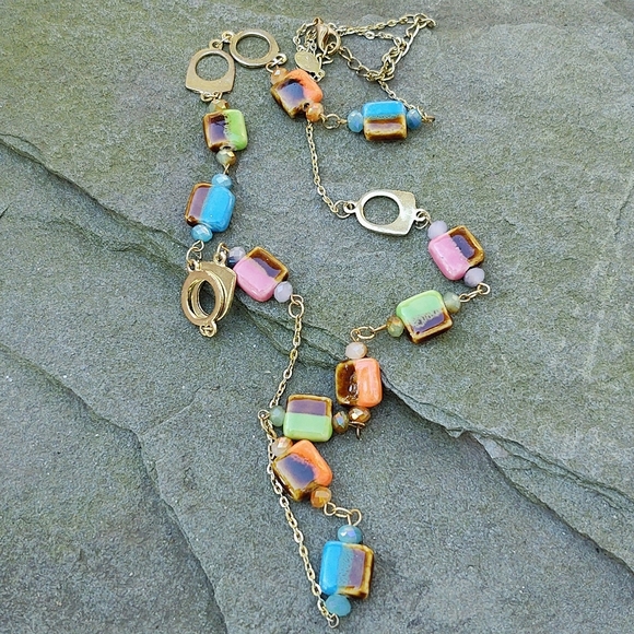 JS Jewelry - Mod Art Glass 34.5" Long Colorful Necklace